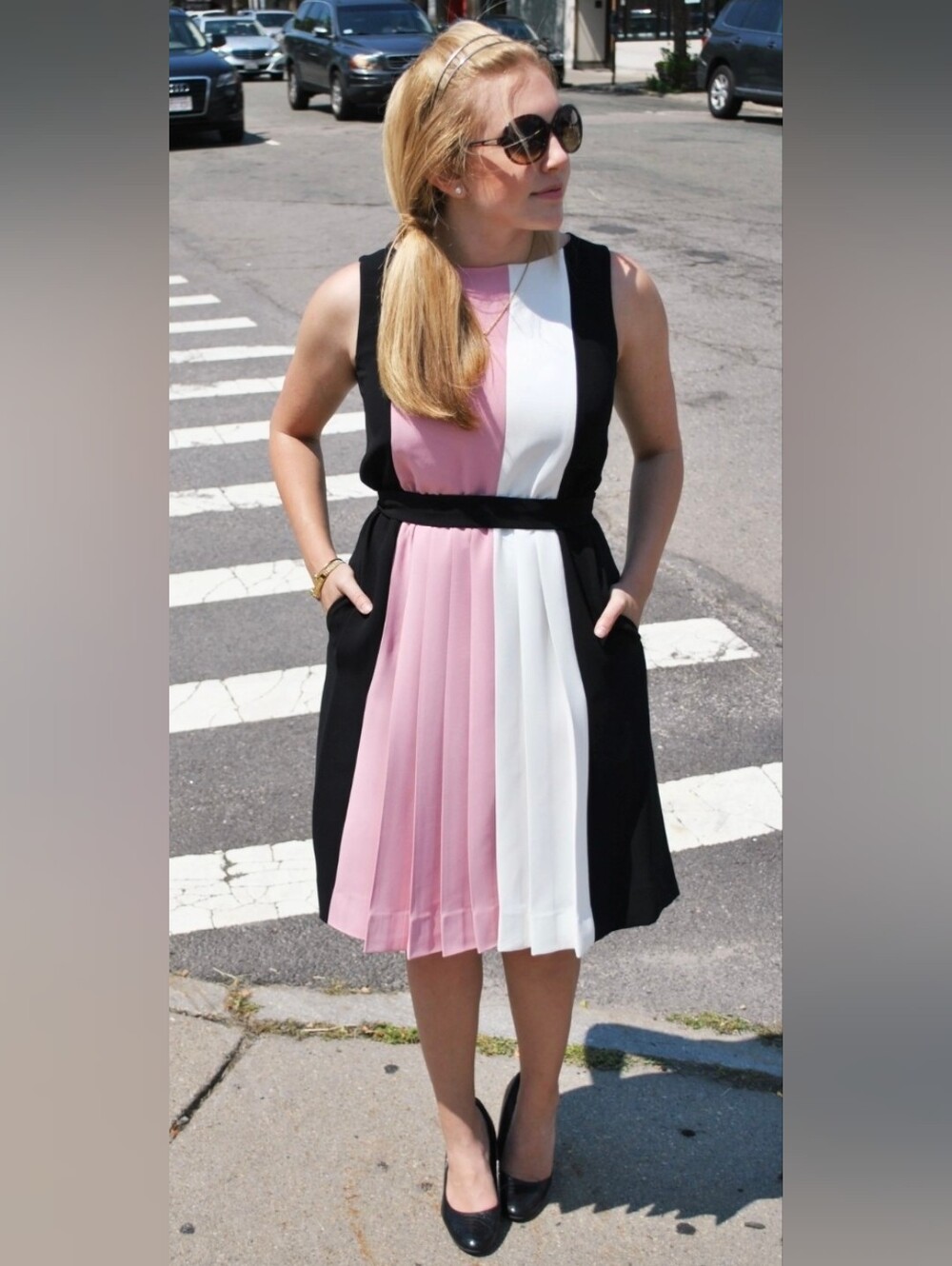 kate spade Black, White & Pink Colorblock dress belted sz 0